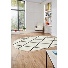 Evdeya Sade Desenli Baskılı Kaymaz Taban Yıkanabilir Oval Yolluk Salon Halısı O-MODERN-116-KREM