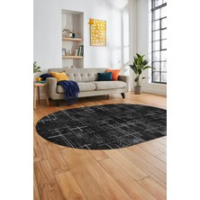 Evdeya Sade Desen Modern Dijital Kaymaz Yıkanabilir Oval Yolluk Mutfak Salon Halısı O-Modern-89-Siyah