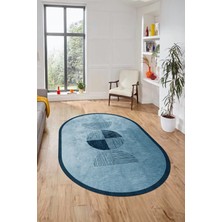 Evdeya Baskılı Kaymaz Taban Yıkanabilir Modern Oval Yolluk Mutfak Salon Halısı O-Modern-94-Mavi