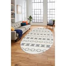 Evdeya Baskılı Kaymaz Yıkanabilir Kilim Desen Oval Yolluk Mutfak Halısı Salon Halısı O-Modern-64-Krem