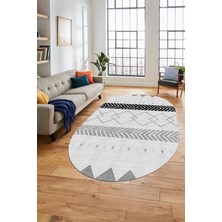 Evdeya Sade Modern Kilim Desenli Dijital Kaymaz Yıkanabilir Oval Yolluk Salon Halısı O-Modern-75-Gri