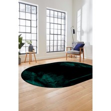 Evdeya Modern Yaprak Desen Dijital Kaymaz Yıkanabilir Oval Yolluk Mutfak Salon Halısı O-Modern-26-Turkuaz