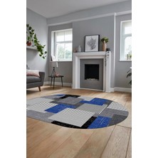 Evdeya Baskılı Kaymaz Yıkanabilir Oval Koridor Halısı Mutfak Halısı Salon Halısı O-Modern-47-Mavi