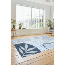 Evdeya Yaprak Desen Modern Tasarım Dijital Kaymaz Yıkanabilir Yolluk Mutfak Salon Halısı Modern-79-Mavi