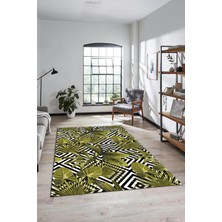 Evdeya Yaprak Desen Baskılı Kaymaz Taban Yıkanabilir Modern Yolluk Salon Halısı MODERN-100-SARI