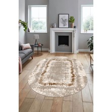 Evdeya Modern Sade Desenli Dijital Kaymaz Yıkanabilir Oval Yolluk Salon Halısı O-Modern-37-Kahve
