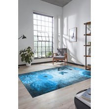 Evdeya Baskılı Kaymaz Taban Yıkanabilir Modern Yolluk Mutfak Salon Halısı MODERN-109-MAVİ