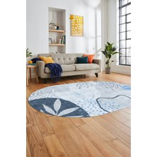 Evdeya Yaprak Desen Modern Tasarım Dijital Kaymaz Yıkanabilir Oval Yolluk Salon Halısı O-Modern-79-Mavi