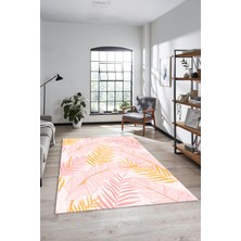 Evdeya Yapraklı Baskılı Kaymaz Taban Yıkanabilir Modern Yolluk Salon Halısı Modern-98-Pembe