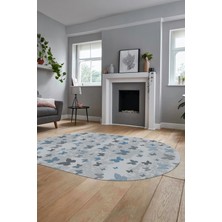 Evdeya Baskılı Kaymaz Yıkanabilir Modern Kelebek Desen Oval Yolluk Salon Halısı O-Modern-51-Mavi
