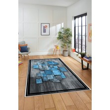 Evdeya Çerçeveli Modern Desenli Dijital Kaymaz Yıkanabilir Yolluk Mutfak Salon Halısı Modern-13-Mavi