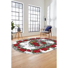 Evdeya Modern Çiçek Dijital Kaymaz Yıkanabilir Oval Yolluk Mutfak Salon Halısı O-Modern-21-Beyaz