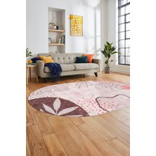 Evdeya Yaprak Desen Modern Tasarım Dijital Kaymaz Yıkanabilir Oval Yolluk Salon Halısı O-Modern-79-Pembe