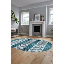 Evdeya Baskılı Kaymaz Yıkanabilir Şık Oval Koridor Halısı Mutfak Halısı Salon Halısı O-Modern-56-Mavi