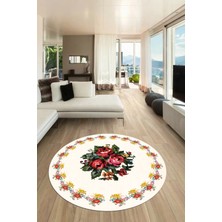 Evdeya Modern Çiçek Desenli Dijital Kaymaz Yıkanabilir Yuvarlak Mutfak Salon Halısı Y-Modern-20-Krem