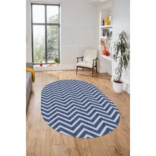 Evdeya Zikzak Desen Baskılı Kaymaz Taban Yıkanabilir Modern Oval Yolluk Salon Halısı O-MODERN-102-MAVİ