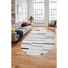 Evdeya Şık Sade Kilim Desenli Dijital Kaymaz Yıkanabilir Oval Yolluk Mutfak Salon Halısı O-Modern-74-Gri