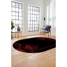 Evdeya Modern Yaprak Desen Dijital Kaymaz Yıkanabilir Oval Yolluk Mutfak Salon Halısı O-Modern-26-Bordo