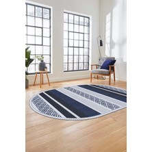 Evdeya Modern Kilim Dijital Kaymaz Yıkanabilir Oval Yolluk Mutfak Salon Halısı O-Modern-18-Lacivert