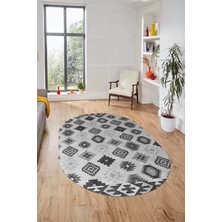 Evdeya Etnik Baskılı Kaymaz Taban Yıkanabilir Modern Oval Yolluk Salon Halısı O-Modern-99-Gri