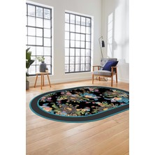 Evdeya Çiçek Desenli Dijital Kaymaz Yıkanabilir Oval Yolluk Mutfak Salon Halısı O-Modern-16-Mavi