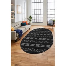 Evdeya Baskılı Kaymaz Yıkanabilir Kilim Desen Oval Yolluk Mutfak Halısı Salon Halısı O-Modern-64-Antrasit