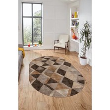 Evdeya Baklava Desen Baskılı Kaymaz Taban Yıkanabilir Modern Oval Yolluk Salon Halısı O-MODERN-103-KAHVE