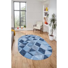 Evdeya Baklava Desen Baskılı Kaymaz Taban Yıkanabilir Modern Oval Yolluk Salon Halısı O-MODERN-103-MAVİ