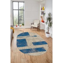 Evdeya Baskılı Kaymaz Taban Yıkanabilir Modern Oval Yolluk Mutfak Salon Halısı O-Modern-93-Mavi