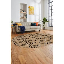 Evdeya Sade Desen Özel Tasarım Dijital Kaymaz Yıkanabilir Oval Yolluk Salon Halısı O-Modern-87-Krem