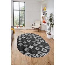 Evdeya Etnik Baskılı Kaymaz Taban Yıkanabilir Modern Oval Yolluk Salon Halısı O-Modern-99-Antrasit