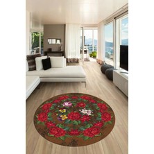 Evdeya Modern Çiçek Desenli Dijital Kaymaz Yıkanabilir Yuvarlak Mutfak Salon Halısı Y-Modern-21-Kahve