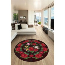Evdeya Modern Çiçek Desenli Dijital Kaymaz Yıkanabilir Yuvarlak Mutfak Salon Halısı Y-Modern-21-Bordo