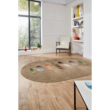 Evdeya Yaprak Desenli Baskılı Kaymaz Taban Yıkanabilir Oval Yolluk Salon Halısı O-MODERN-115-KAHVE