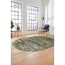 Evdeya Modern Etnik Desen Dijital Kaymaz Yıkanabilir Oval Yolluk Mutfak Salon Halısı O-Modern-30-Yeşil