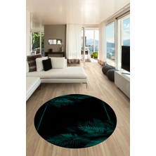 Evdeya Modern Yaprak Desen Dijital Kaymaz Yıkanabilir Yuvarlak Mutfak Salon Halısı Y-Modern-26-Turkuaz