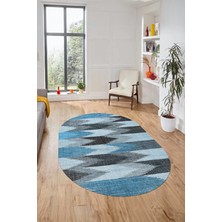 Evdeya Renkli Desen Baskılı Kaymaz Taban Yıkanabilir Modern Oval Yolluk Salon Halısı O-MODERN-104-MAVİ