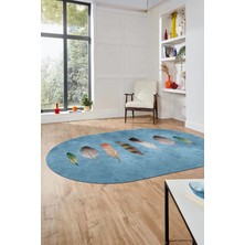 Evdeya Yaprak Desenli Baskılı Kaymaz Taban Yıkanabilir Oval Yolluk Salon Halısı O-MODERN-115-MAVİ