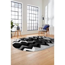 Evdeya Etnik Modern Desen Dijital Kaymaz Yıkanabilir Oval Yolluk Mutfak Salon Halısı O-Modern-24-Antrasit