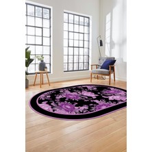 Evdeya Çiçek Desenli Dijital Kaymaz Yıkanabilir Oval Yolluk Mutfak Salon Halısı O-Modern-16-Mor