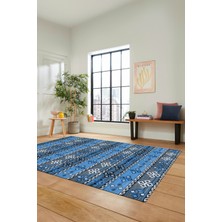 Evdeya Modern Etnik Desenli Dijital Kaymaz Yıkanabilir Yolluk Mutfak Salon Halısı Modern-19-Mavi