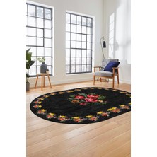 Evdeya Modern Çiçek Dijital Kaymaz Yıkanabilir Oval Yolluk Mutfak Salon Halısı O-Modern-20-Antrasit