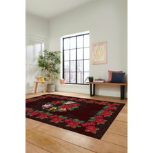 Evdeya Modern Çiçek Desenli Dijital Kaymaz Yıkanabilir Yolluk Mutfak Salon Halısı Modern-21-Bordo