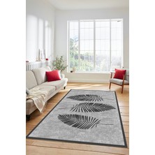 Evdeya Baskılı Kaymaz Yıkanabilir Modern Yaprak Desen Yolluk Mutfak Salon Halısı Modern-41-Gri