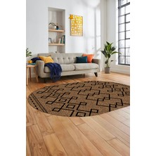 Evdeya Sade Desen Özel Tasarım Dijital Kaymaz Yıkanabilir Oval Yolluk Salon Halısı O-Modern-87-Kahve