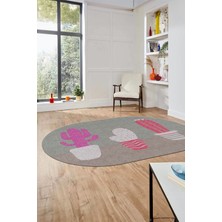 Evdeya Kaktüs Desen Baskılı Kaymaz Taban Yıkanabilir Modern Oval Yolluk Salon Halısı O-MODERN-106-KIRMIZI