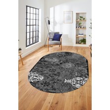 Evdeya Çiçekli Modern Dijital Kaymaz Yıkanabilir Oval Yolluk Mutfak Salon Halısı O-Modern-15-Antrasit