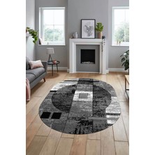 Evdeya Modern Göbekli Desen Dijital Kaymaz Yıkanabilir Oval Yolluk Mutfak Salon Halısı O-Modern-33-Gri
