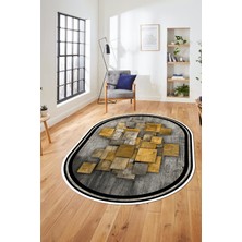 Evdeya Çerçeveli Desenli Dijital Kaymaz Yıkanabilir Oval Yolluk Mutfak Salon Halısı O-Modern-13-Kahve