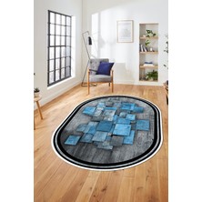 Evdeya Çerçeveli Desenli Dijital Kaymaz Yıkanabilir Oval Yolluk Mutfak Salon Halısı O-Modern-13-Mavi